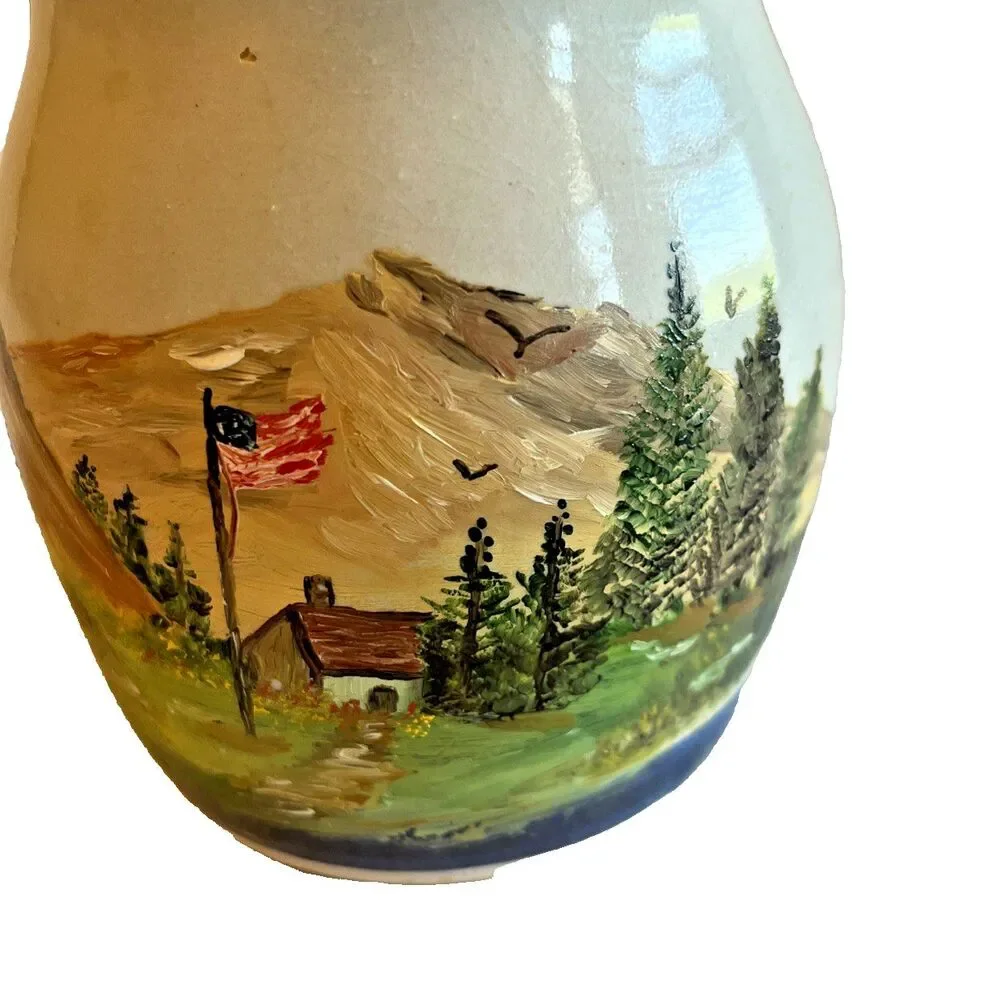 USA Pottery Hand Painted American Landscape Blue Stripe 4 3/4